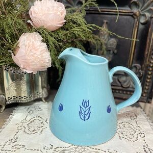 Vintage Blue tulip ceramic stoneware pottery pitcher 1950 Cronin MCM kitchen dec